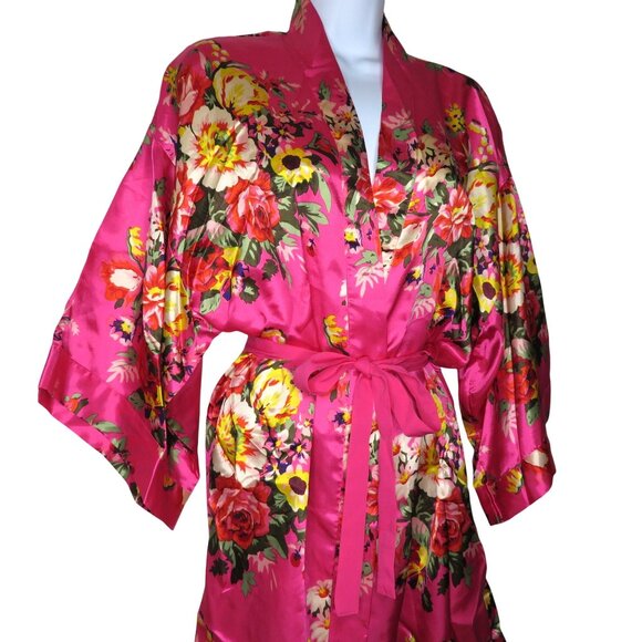 New Ms Lovely Hot Pink Floral Satin Kimono Robe M/L Knee Length Pockets Belted - Picture 4 of 16